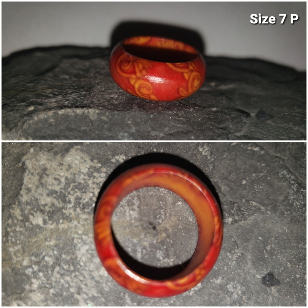 Red Swirl Pattern Wioden Ring Size 7